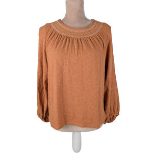 Madewell Women's Superlight Jacquard Embroidered Smocked Top Small Rust Orange